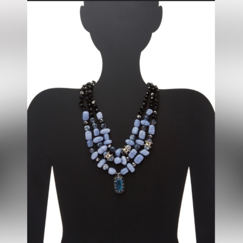 ALEXIS BITTAR • NEW Multi Strand Blue Lace Agate Enamel Teal Crystal Necklace